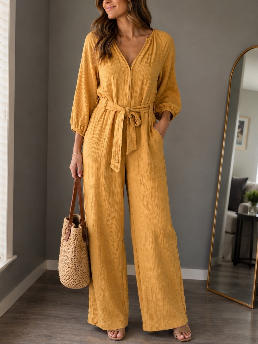GAP Golden Mustard Cotton Gauze Wide-Leg Jumpsuit – Size 8